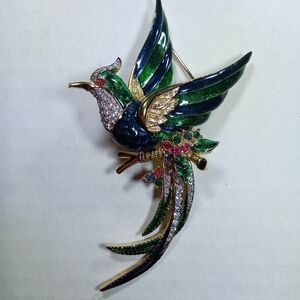 Vintage Large Multi-Color Bird Feathers Brooch Pin Hummingbird Peacock Jewels
